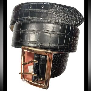 Risantry Wide Black Belt Reptile Print Goldtone Square Buckle 29-38” MEDIUM NEW